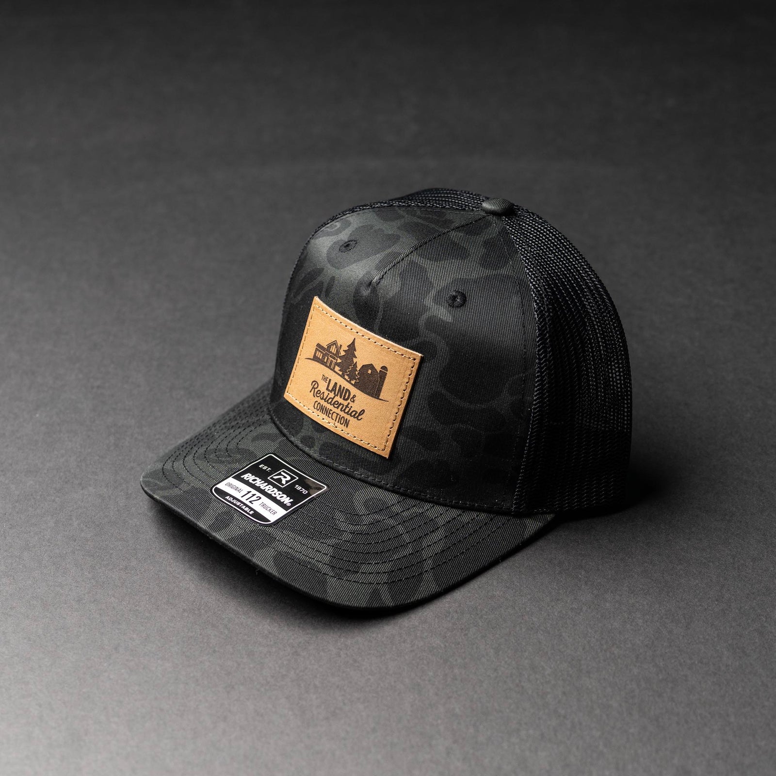 Lasered Leather Patch Trucker Hat - Camo Richardson 112PFP - Customized with YOUR LOGO