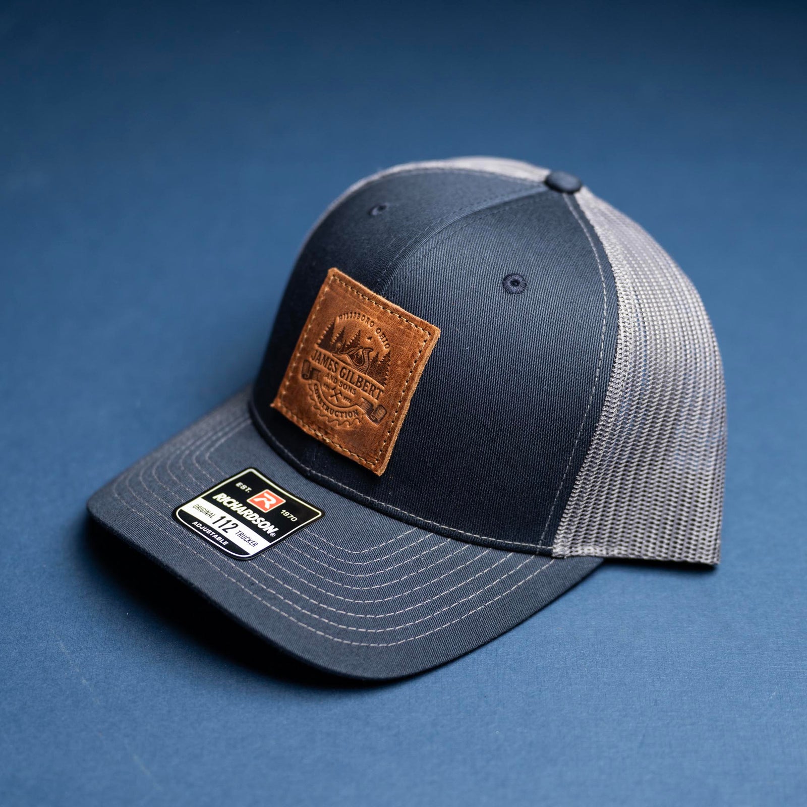 SALE - Debossed Heat Pressed - Navy/Charcoal Richardson 112 Custom Leather Patch Trucker Hat