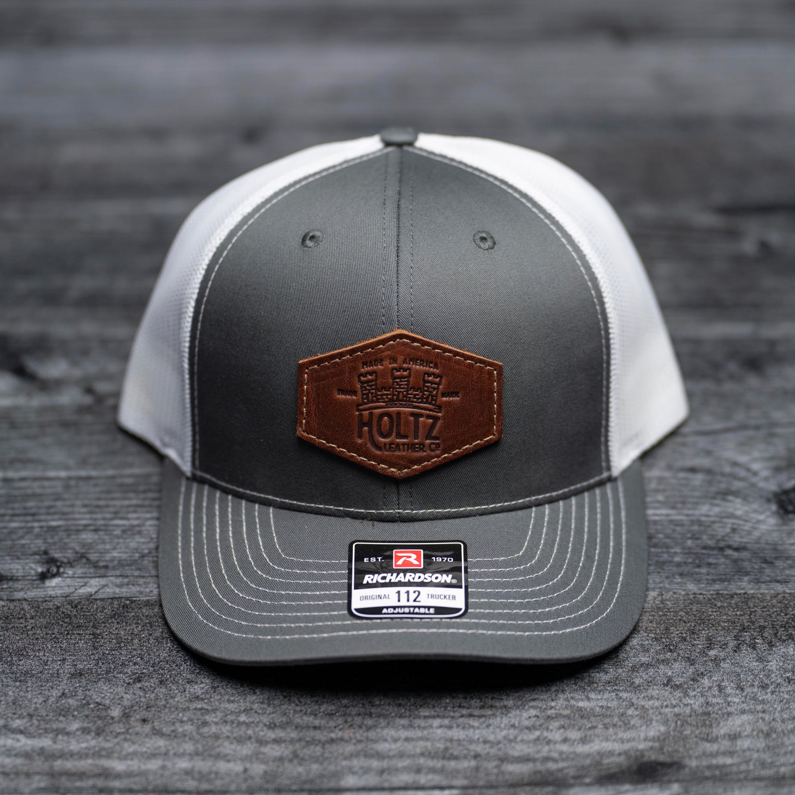 SALE - Debossed Heat Pressed - Charcoal/White Richardson 112 Custom Leather Patch Trucker Hat