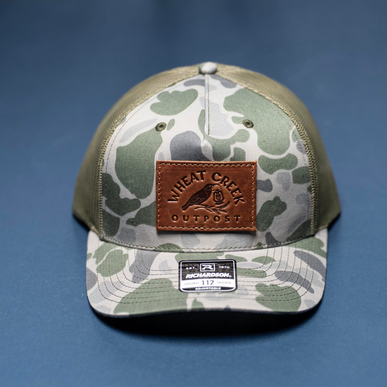 Debossed Leather Patch Trucker Hat - Camo Richardson 112PFP - Customized with YOUR LOGO