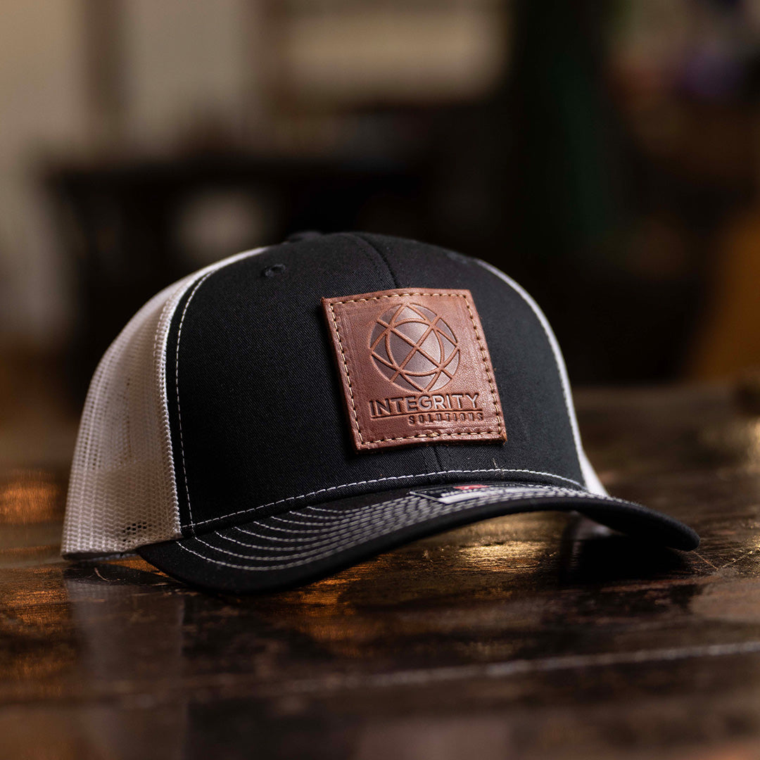 SALE - Debossed Heat Pressed - Black/White Richardson 112 Custom Leather Patch Trucker Hat