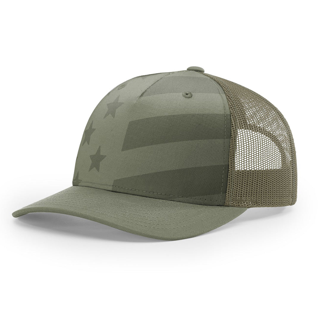 SALE - Debossed Heat Pressed - Tonal Stars & Stripes Richardson 112PFP Custom Leather Patch Trucker Hat