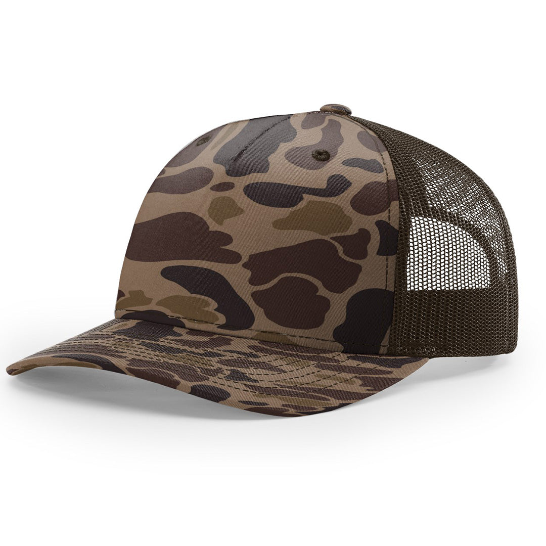 Lasered Leather Patch Trucker Hat - Camo Richardson 112PFP - Customized with YOUR LOGO