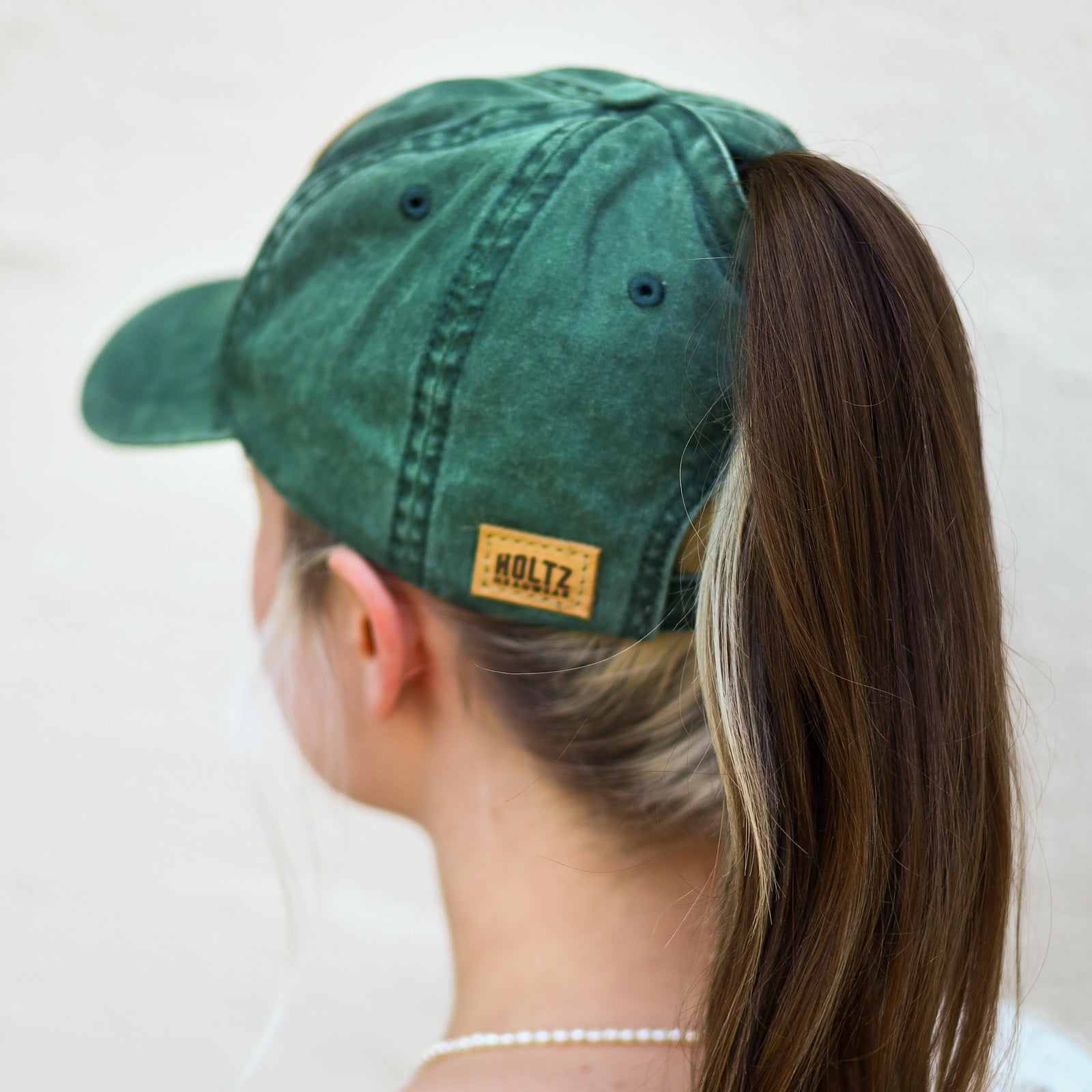 Lasered Leather Patch Hat - CASSIE Women's Ponytail Hat Relaxed Fit - Customized with YOUR LOGO