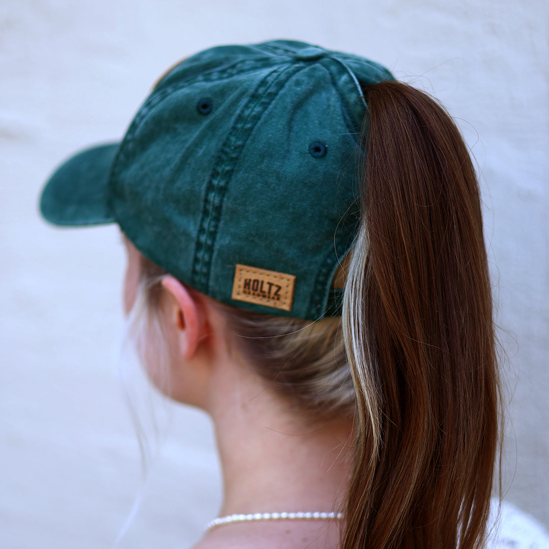 Lasered Leather Patch Hat - CASSIE Women's Ponytail Hat Relaxed Fit - Customized with YOUR LOGO