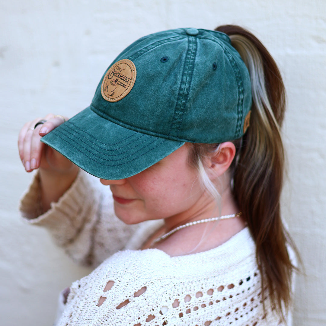 Lasered Leather Patch Hat - CASSIE Women's Ponytail Hat Relaxed Fit - Customized with YOUR LOGO