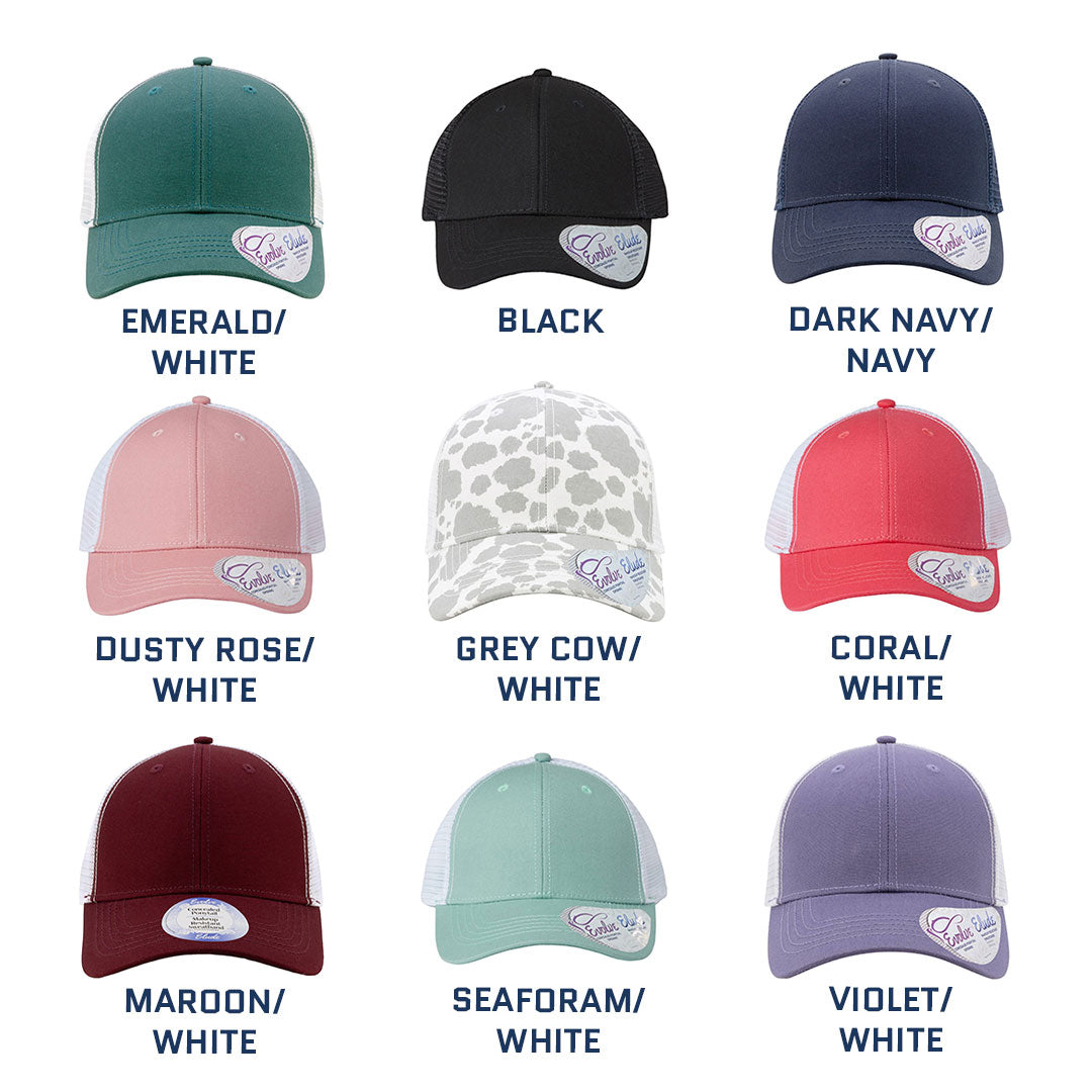 Lasered Leather Patch Hat - CHARLIE Women's Ponytail Trucker Hat - Customized with YOUR LOGO