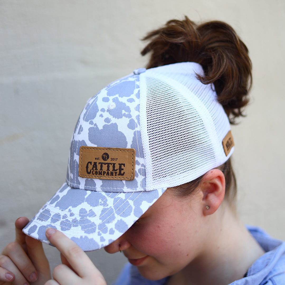 Lasered Leather Patch Hat - CHARLIE Women's Ponytail Trucker Hat - Customized with YOUR LOGO