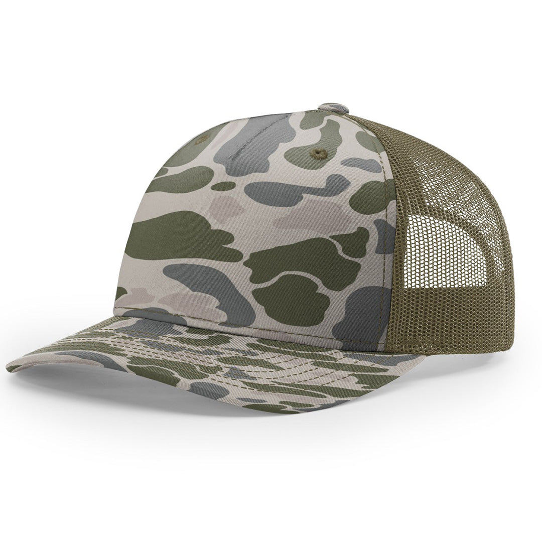 Debossed Leather Patch Trucker Hat - Camo Richardson 112PFP - Customized with YOUR LOGO