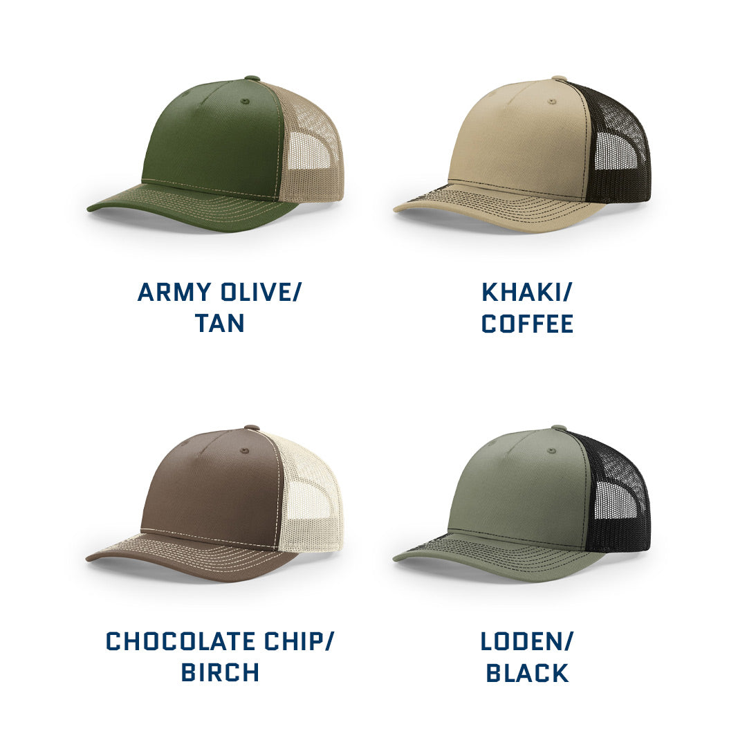 Lasered Leather Patch Trucker Hat ~ Richardson 112FP Five Panel Trucker Cap ~ Customized with YOUR LOGO