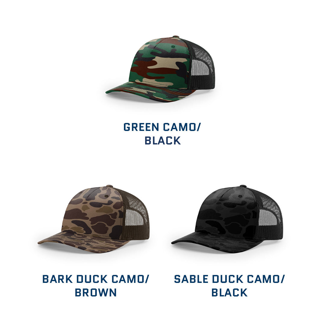 Lasered Leather Patch Trucker Hat - Camo Richardson 112PFP - Customized with YOUR LOGO