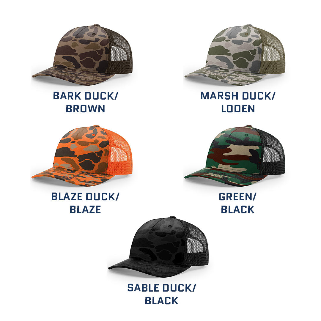 Debossed Leather Patch Trucker Hat - Camo Richardson 112PFP - Customized with YOUR LOGO