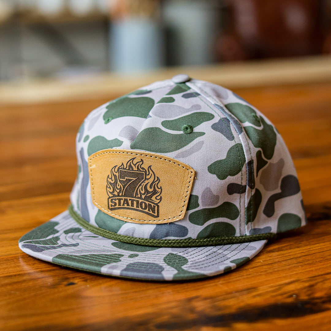 Lasered Leather Patch Flatbill Hat with Rope - Camo Richardson 256P - Customized with YOUR LOGO