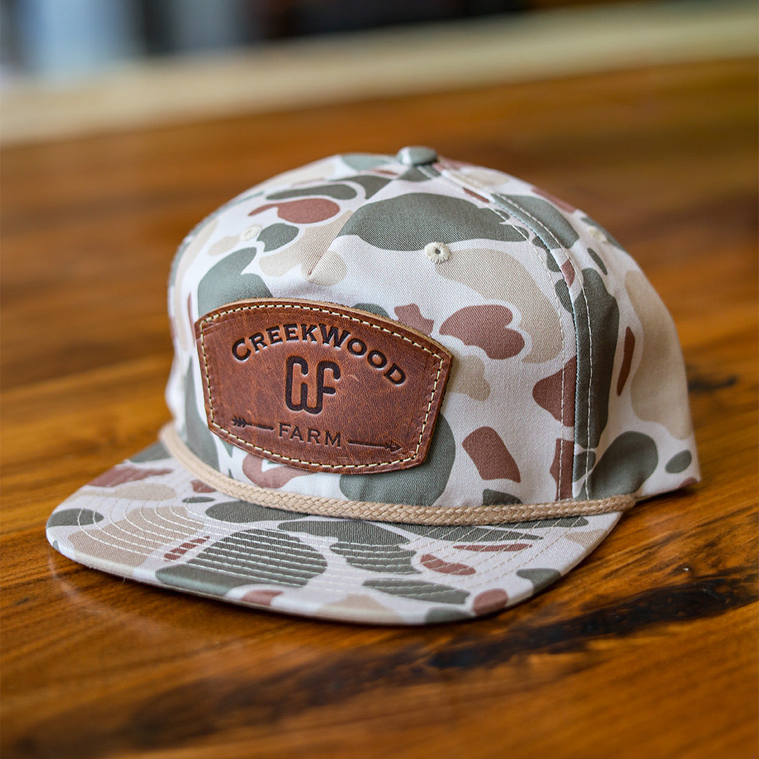 Debossed Leather Patch Flatbill Hat with Rope - Camo Richardson 256P - Customized with YOUR LOGO