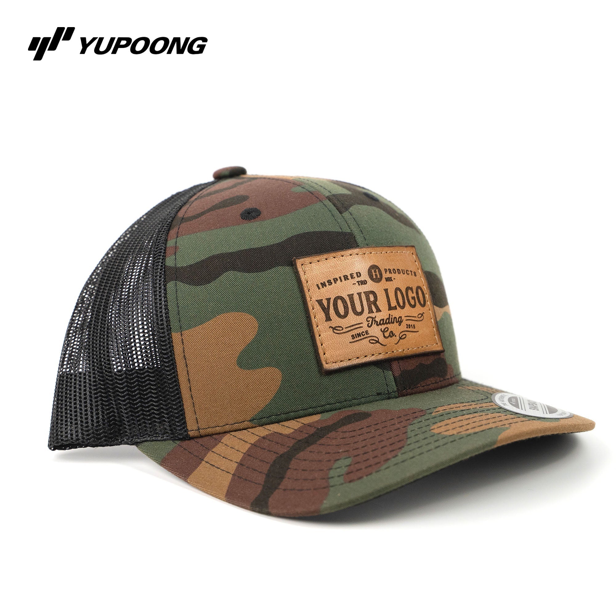 Lasered Leather Patch Camo Trucker Hat ~ Yupoong 6606 Cap ~ Customized with YOUR LOGO