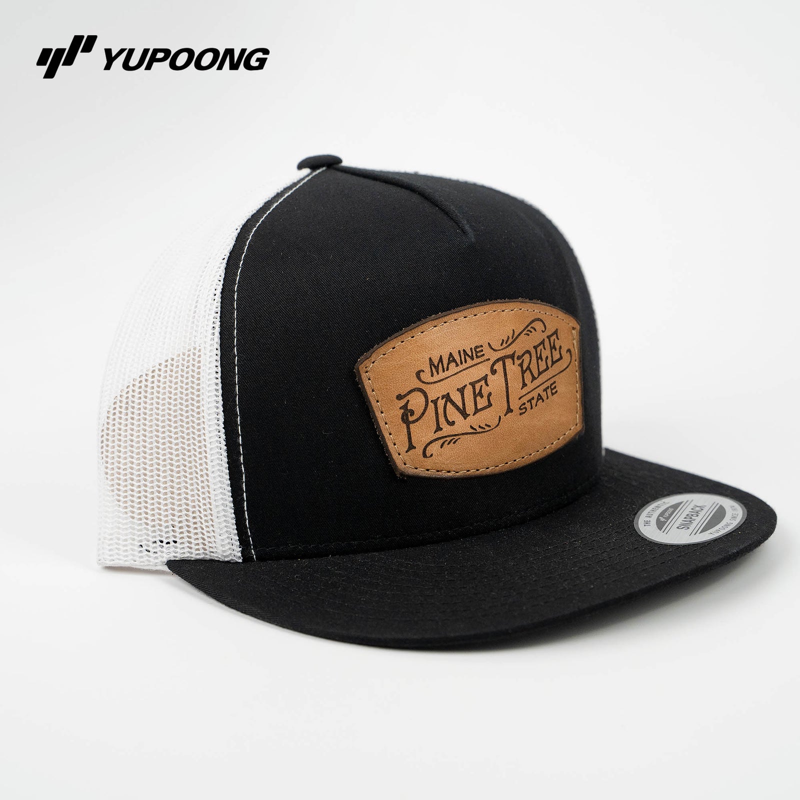 Lasered Leather Patch Trucker Mesh Snapback Hat ~ Yupoong 6006 Cap 