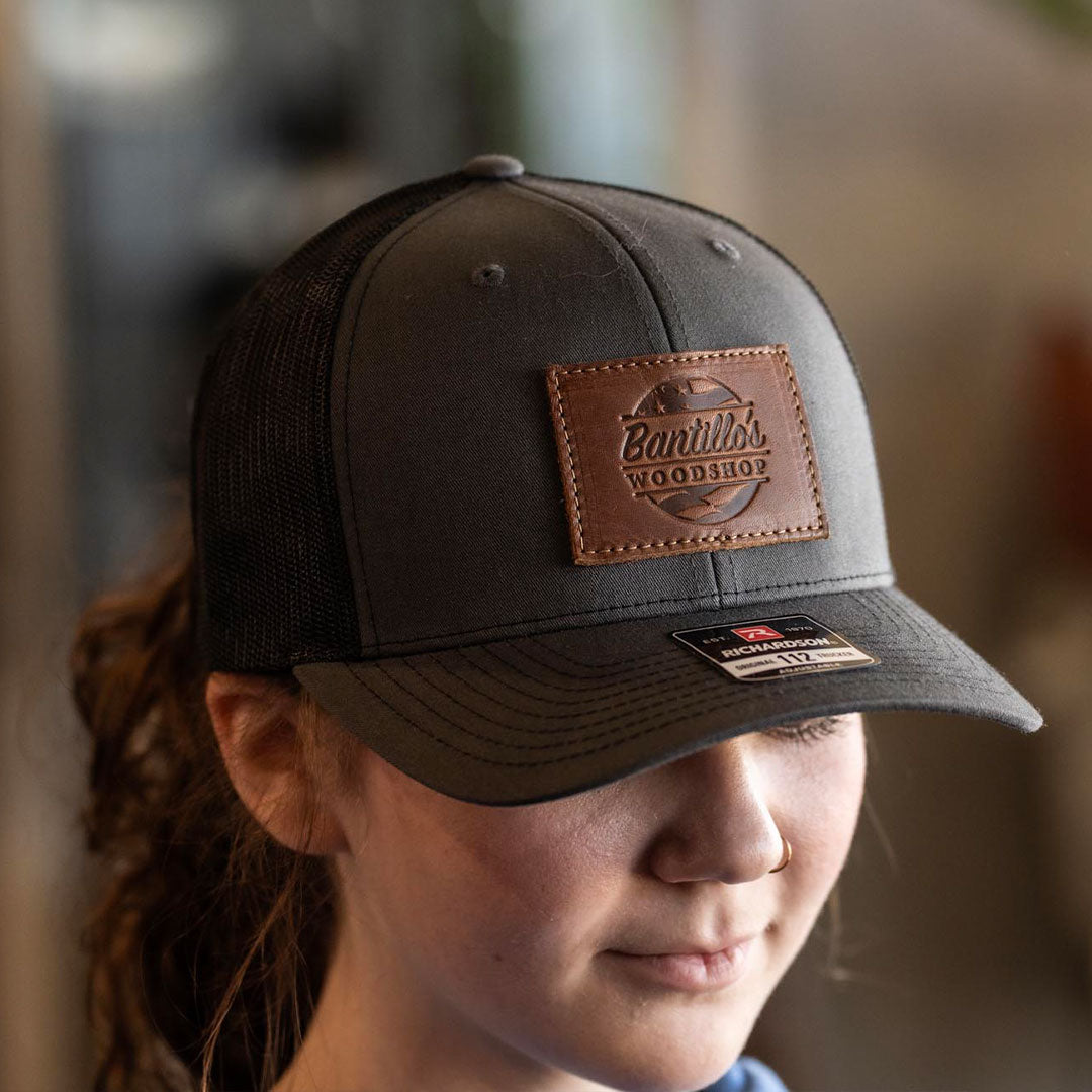 SALE - Debossed Heat Pressed - Charcoal/Black Richardson 112 Custom Leather Patch Trucker Hat
