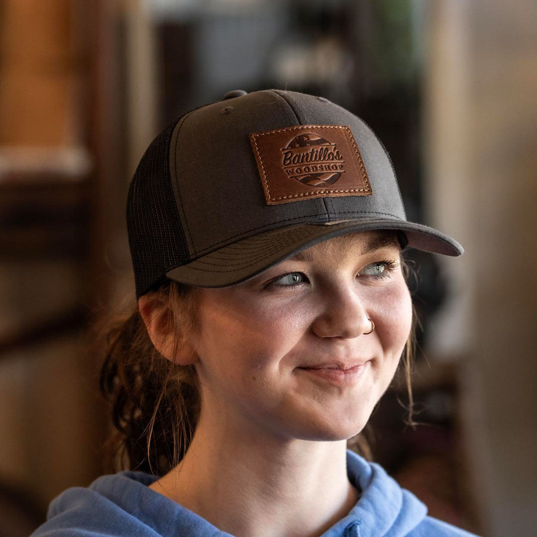 SALE - Debossed Heat Pressed - Charcoal/Black Richardson 112 Custom Leather Patch Trucker Hat