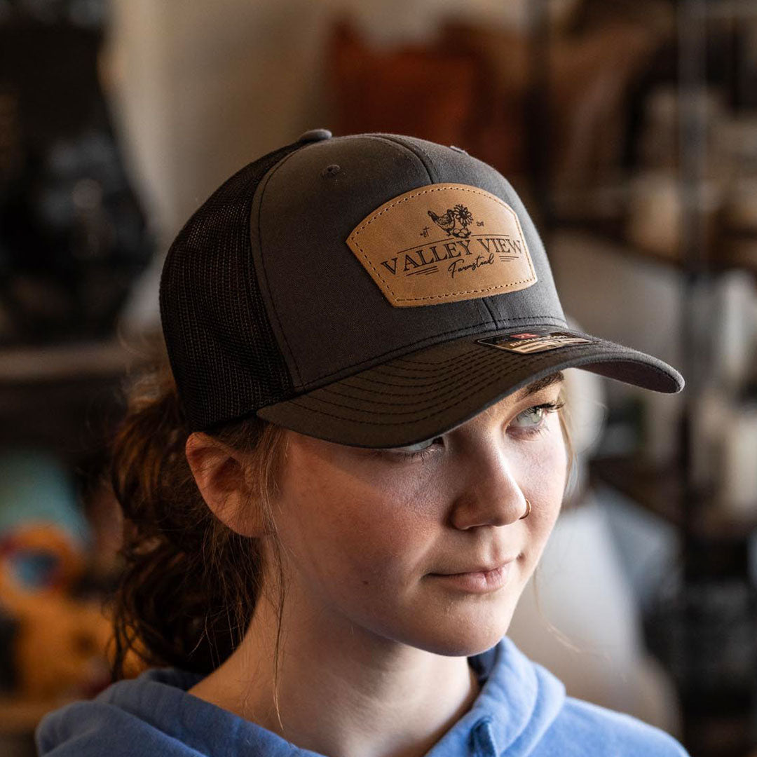 SALE - Lasered - Charcoal/Black Richardson 112 Custom Leather Patch Trucker Hat