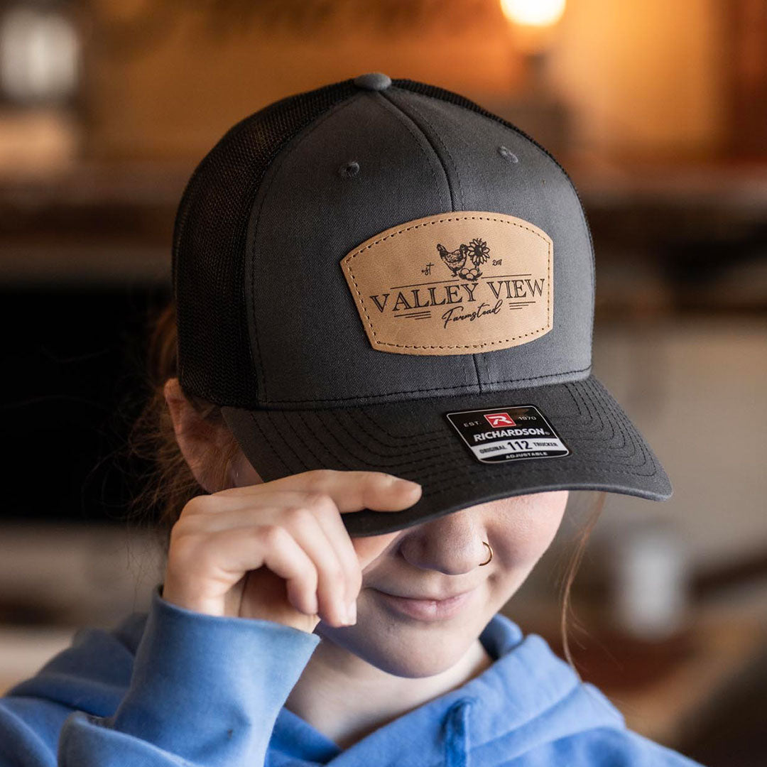 SALE - Lasered - Charcoal/Black Richardson 112 Custom Leather Patch Trucker Hat