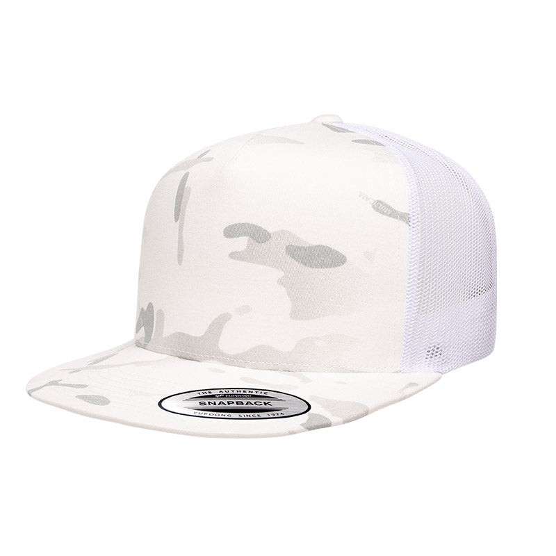 Lasered Leather Patch Camo Trucker Mesh Snapback Hat ~ Yupoong 6006MC Cap ~ Customized with YOUR LOGO