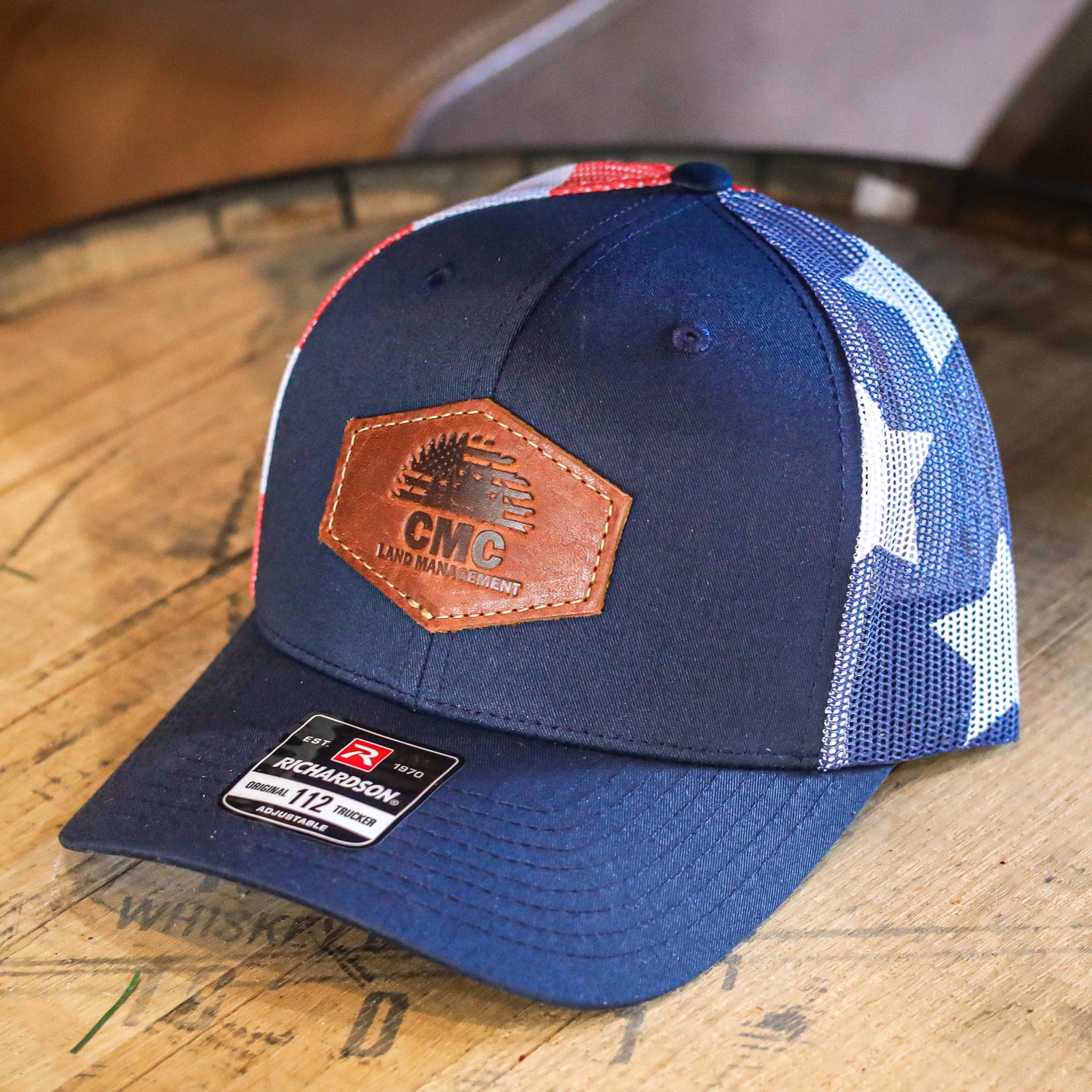 SALE - Debossed - Stars & Stripes Richardson 112PM Custom Leather Patch Trucker Hat Printed Mesh