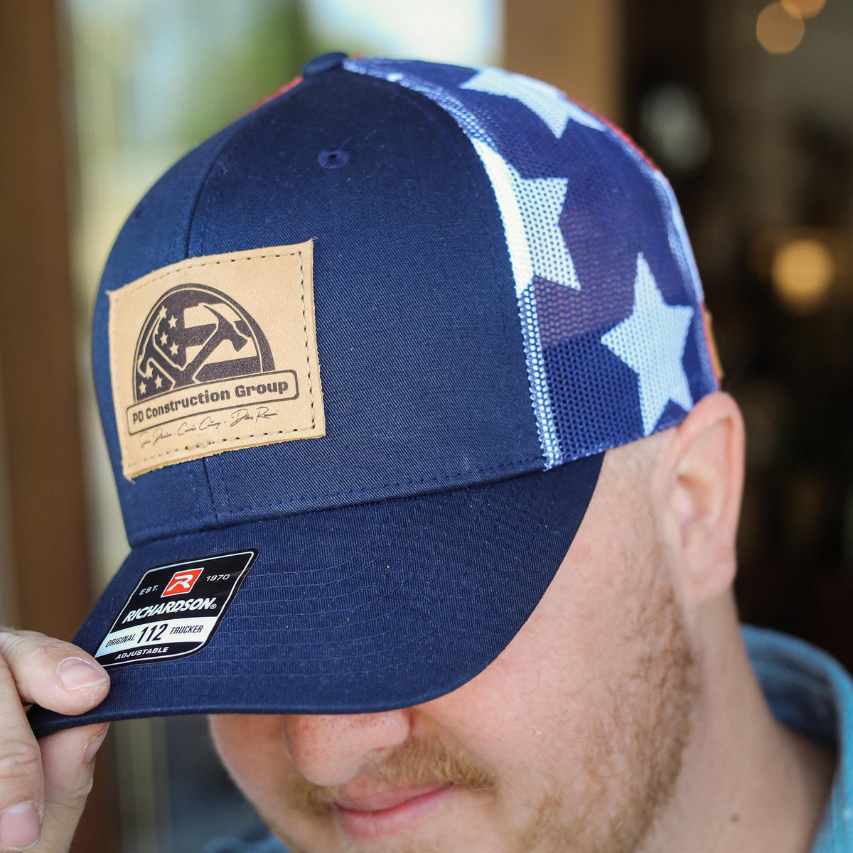 SALE - Lasered - Stars & Stripes Richardson 112PM Custom Leather Patch Trucker Hat Printed Mesh