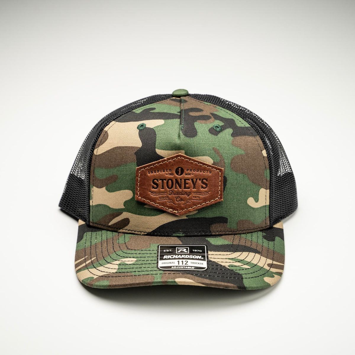 Debossed Leather Patch Trucker Hat - Camo Richardson 112PFP - Customized with YOUR LOGO