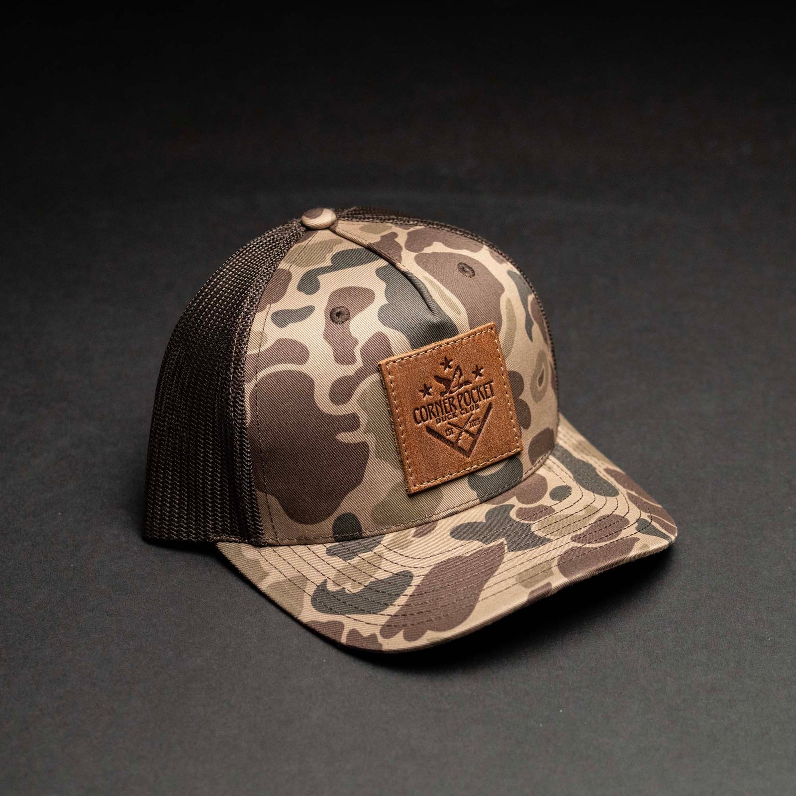 Debossed Leather Patch Trucker Hat - Camo Richardson 112PFP - Customized with YOUR LOGO