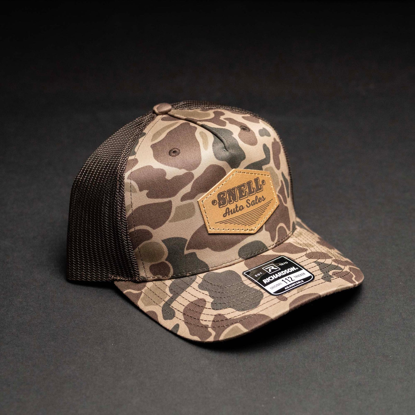 Lasered Leather Patch Trucker Hat - Camo Richardson 112PFP - Customized with YOUR LOGO