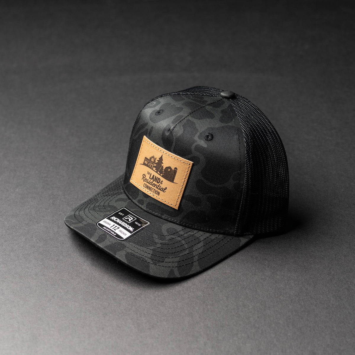Lasered Leather Patch Trucker Hat - Camo Richardson 112PFP - Customized with YOUR LOGO