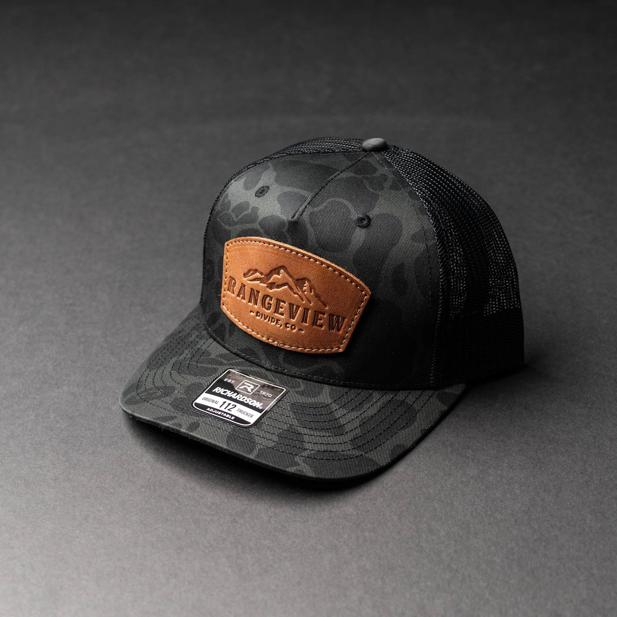 Debossed Leather Patch Trucker Hat - Camo Richardson 112PFP - Customized with YOUR LOGO