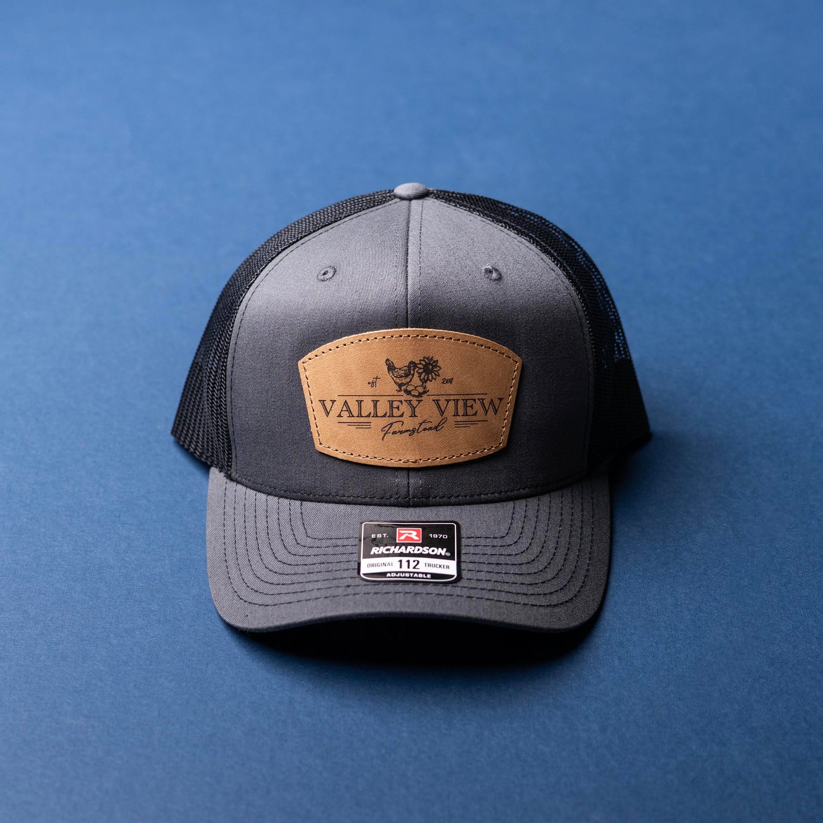 SALE - Lasered - Charcoal/Black Richardson 112 Custom Leather Patch Trucker Hat