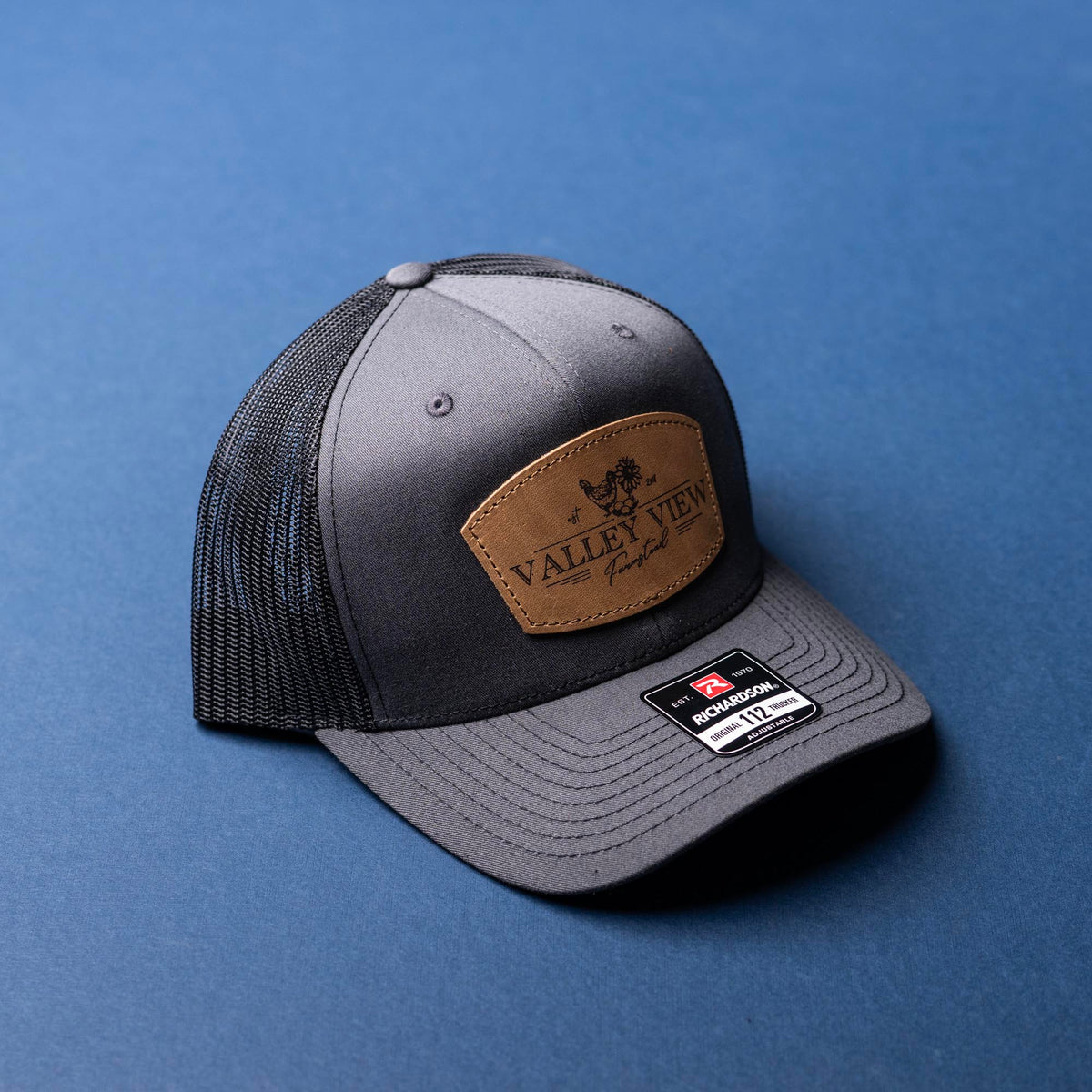 SALE - Lasered - Charcoal/Black Richardson 112 Custom Leather Patch Trucker Hat
