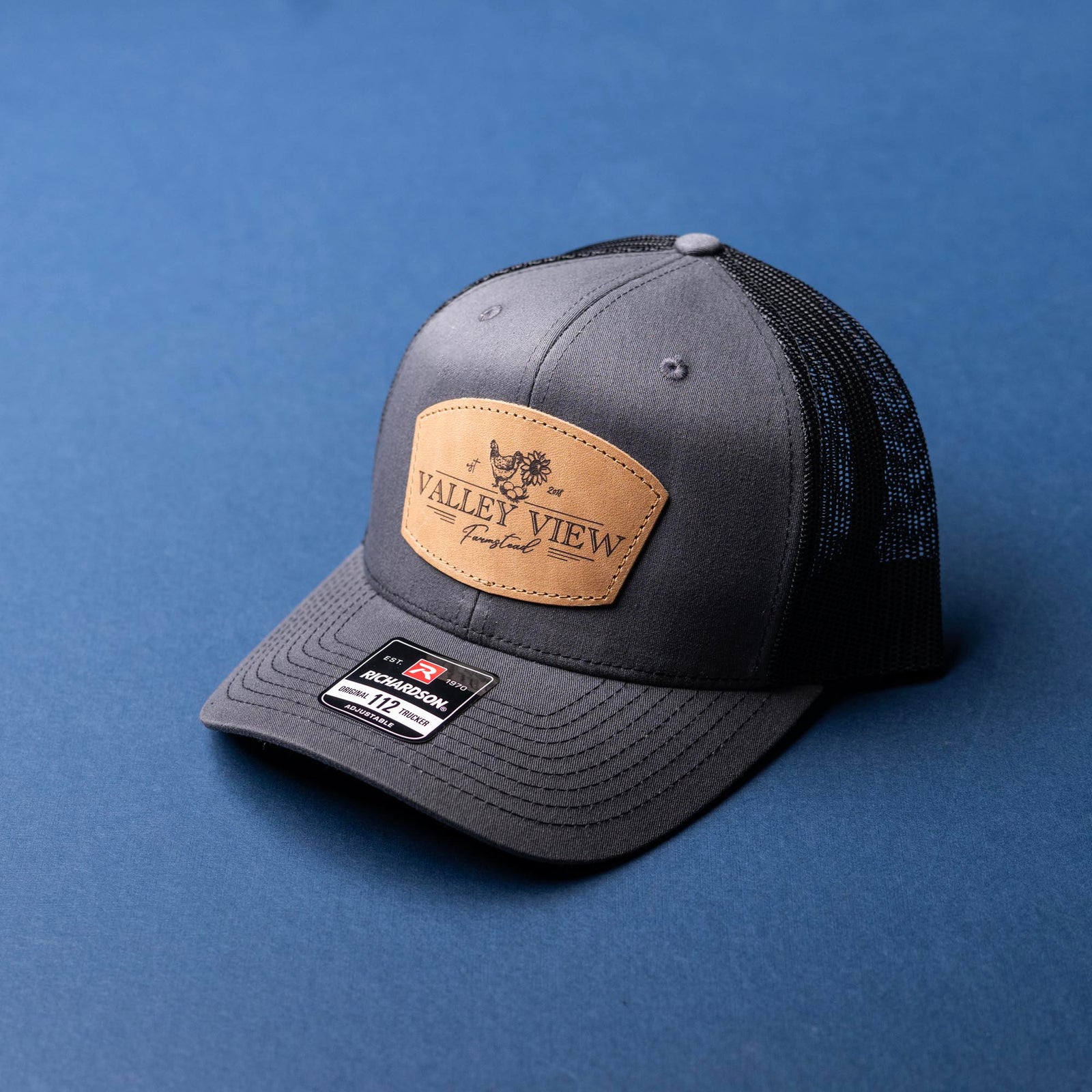 SALE - Lasered - Charcoal/Black Richardson 112 Custom Leather Patch Trucker Hat