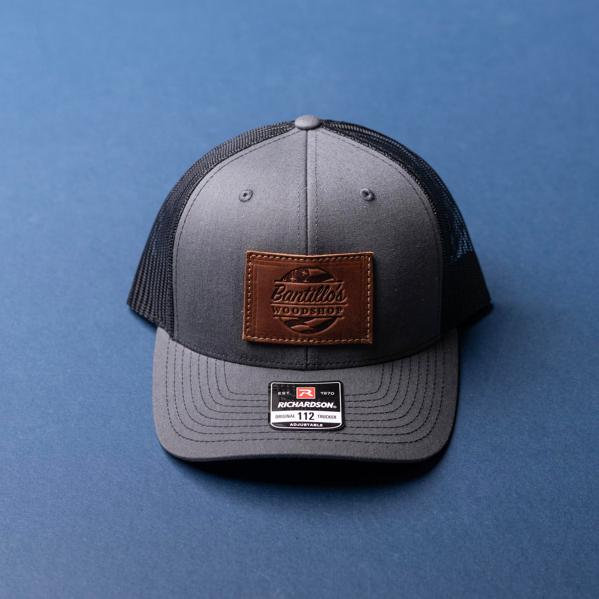 SALE - Debossed Heat Pressed - Charcoal/Black Richardson 112 Custom Leather Patch Trucker Hat