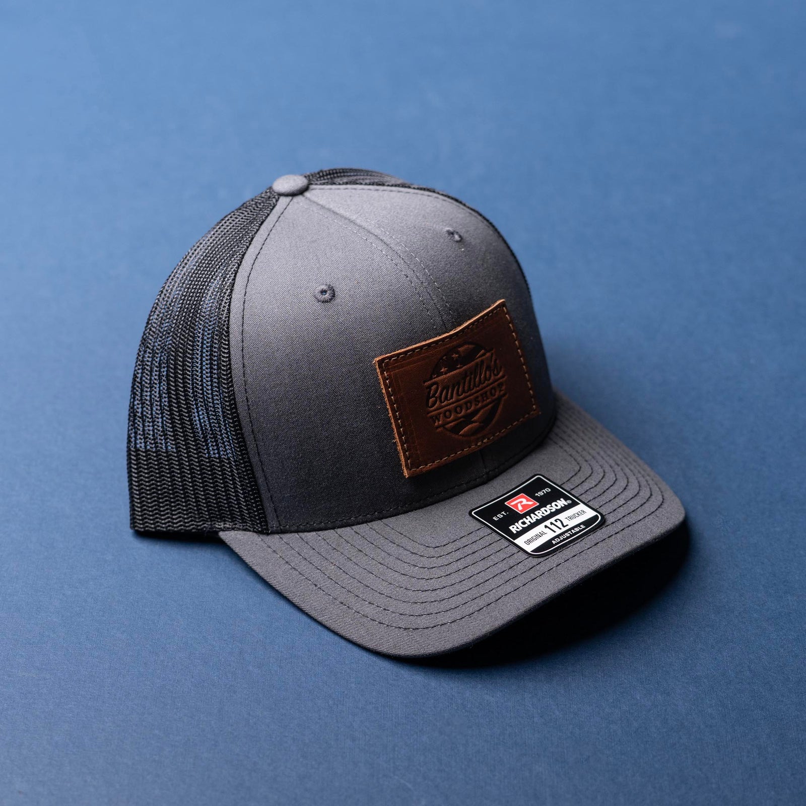 SALE - Debossed Heat Pressed - Charcoal/Black Richardson 112 Custom Leather Patch Trucker Hat