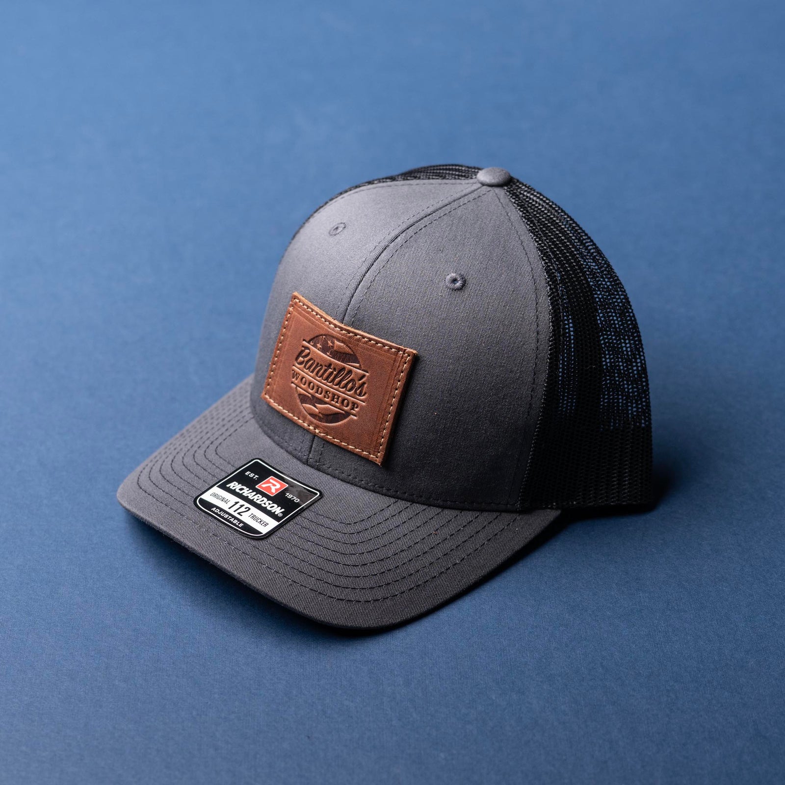 SALE - Debossed Heat Pressed - Charcoal/Black Richardson 112 Custom Leather Patch Trucker Hat