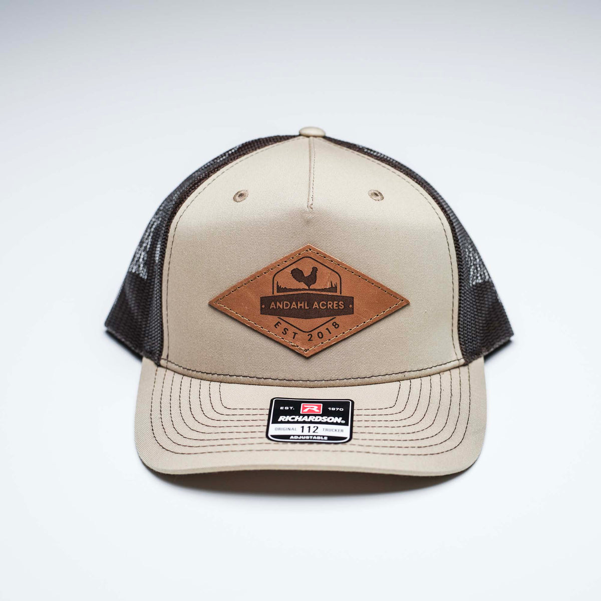 Lasered Leather Patch Trucker Hat ~ Richardson 112FP Five Panel Trucker Cap ~ Customized with YOUR LOGO