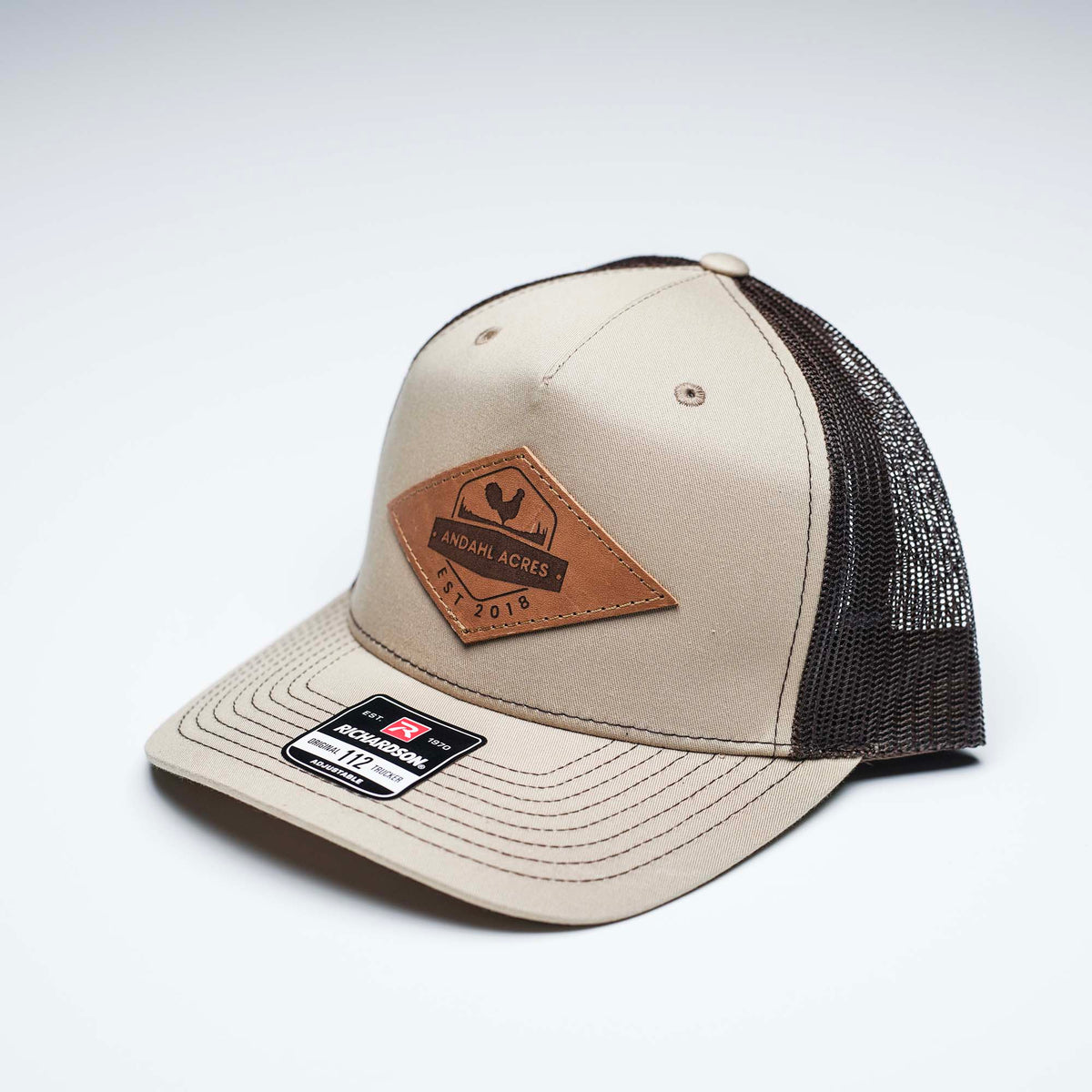 Lasered Leather Patch Trucker Hat ~ Richardson 112FP Five Panel Trucker Cap ~ Customized with YOUR LOGO