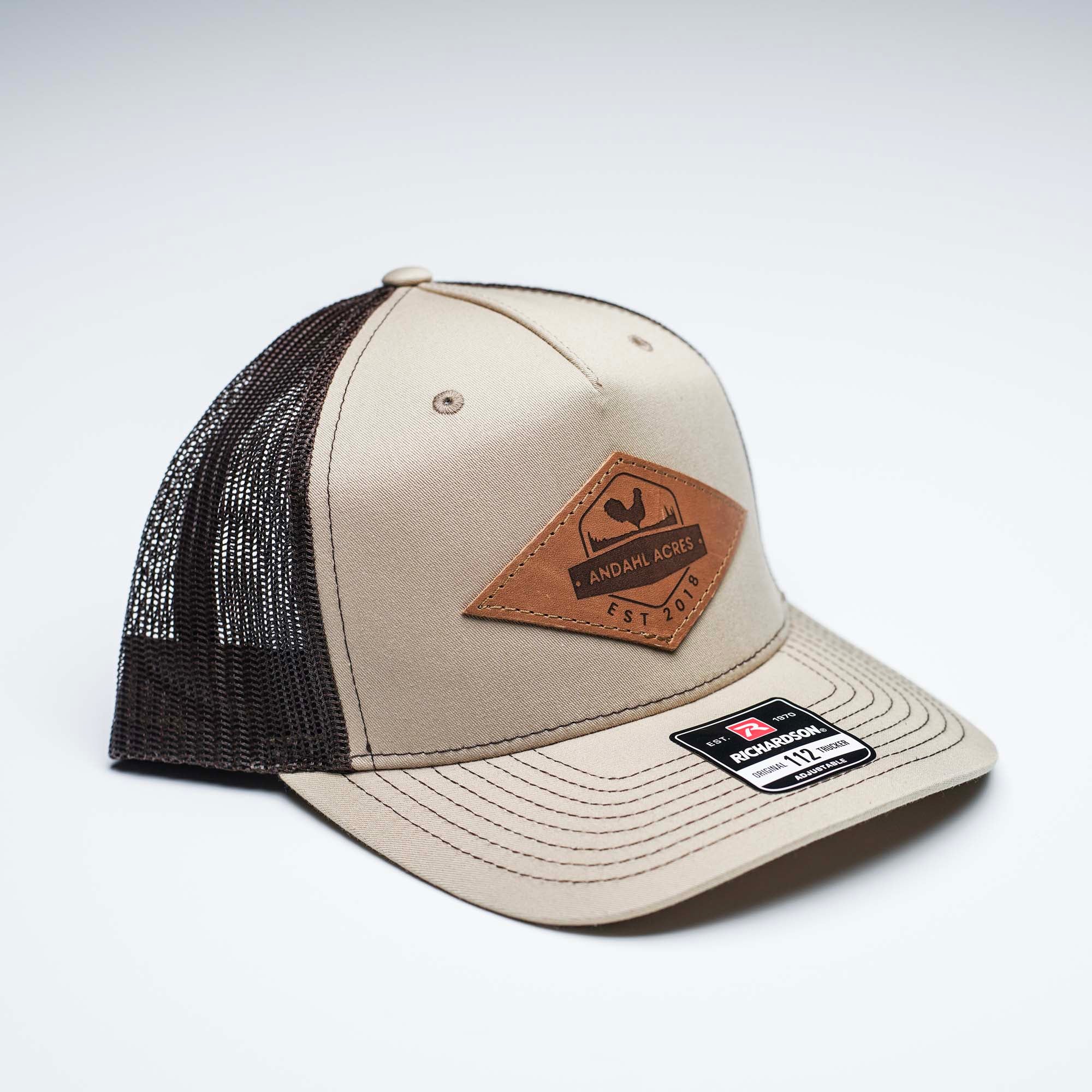 Lasered Leather Patch Trucker Hat ~ Richardson 112FP Five Panel Trucker Cap ~ Customized with YOUR LOGO