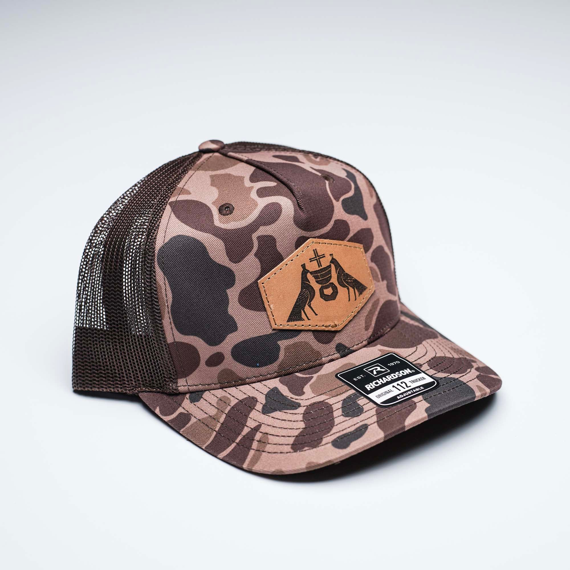 Lasered Leather Patch Trucker Hat ~ Richardson 112PFP Printed Five Panel Trucker Hat ~ Customized with YOUR LOGO