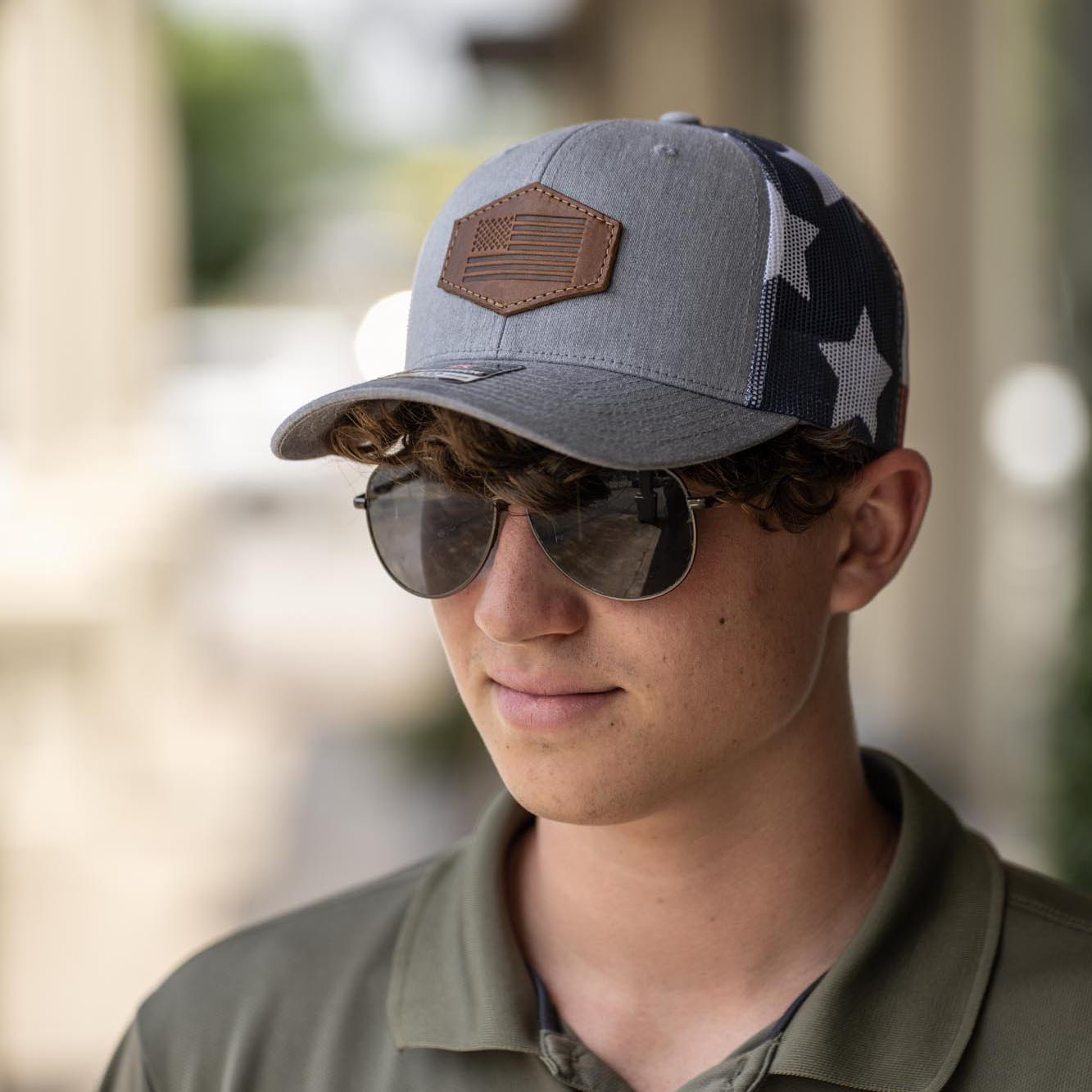 American Flag Debossed Patch - Richardson 112PM Custom Leather Patch Trucker Hat - Printed Mesh