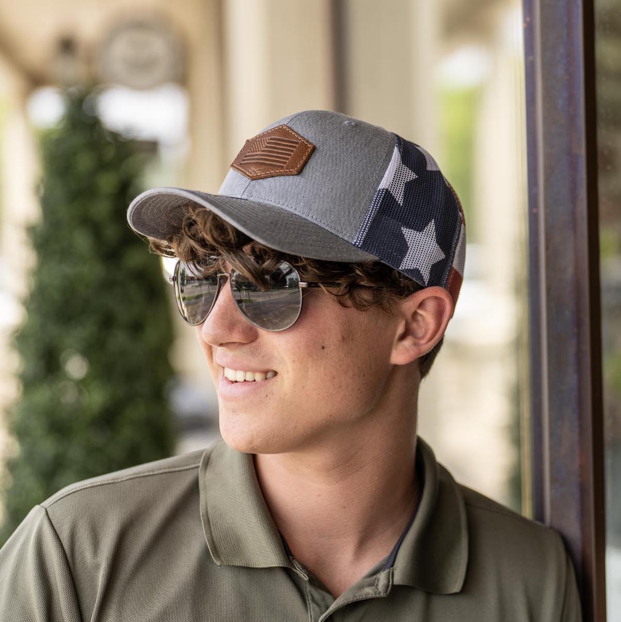 American Flag Debossed Patch - Richardson 112PM Custom Leather Patch Trucker Hat - Printed Mesh