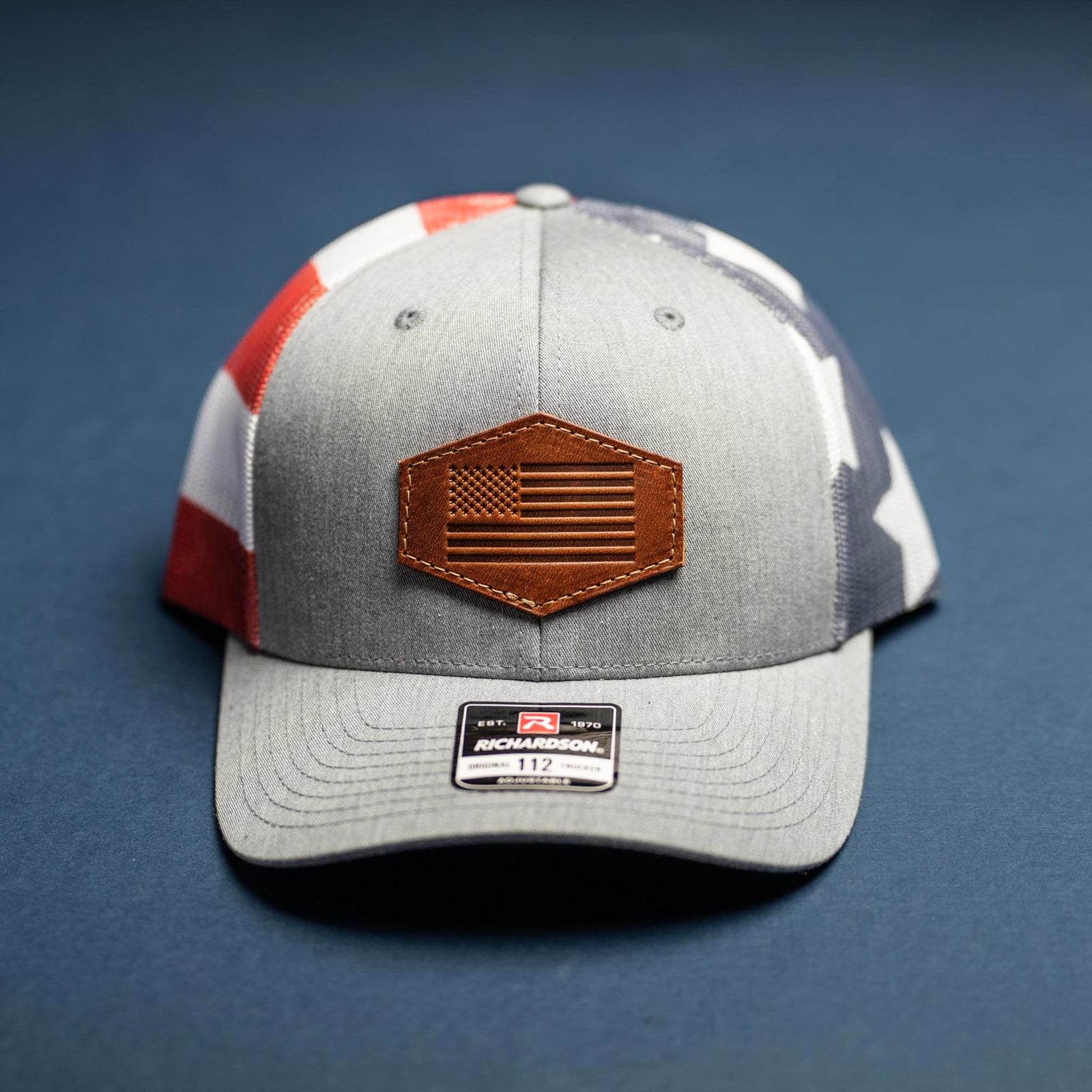 American Flag Debossed Patch - Richardson 112PM Custom Leather Patch Trucker Hat - Printed Mesh