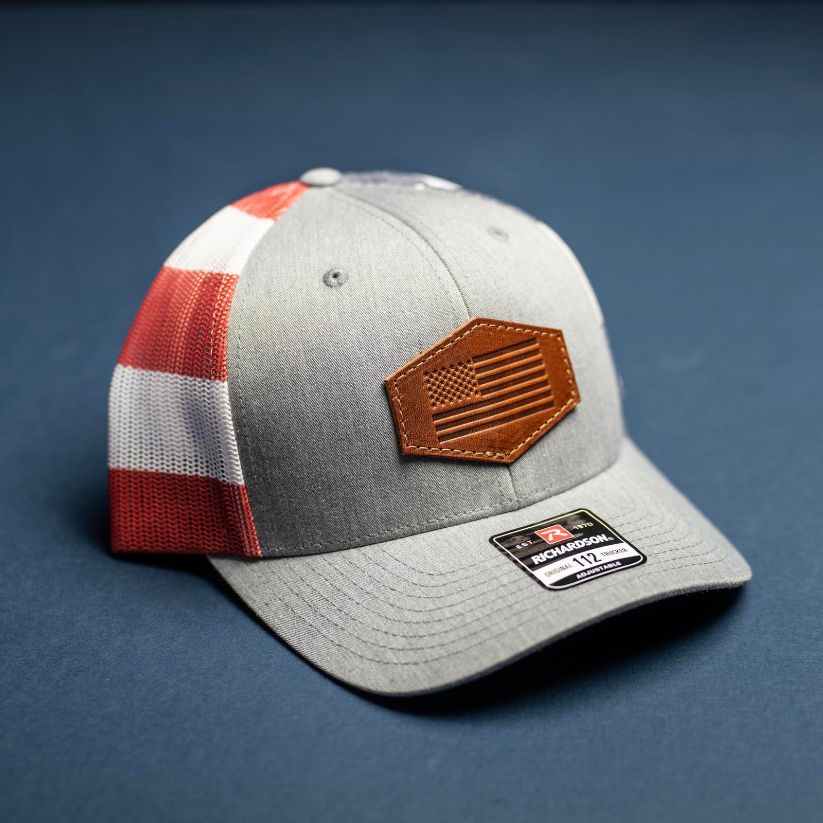 American Flag Debossed Patch - Richardson 112PM Custom Leather Patch Trucker Hat - Printed Mesh