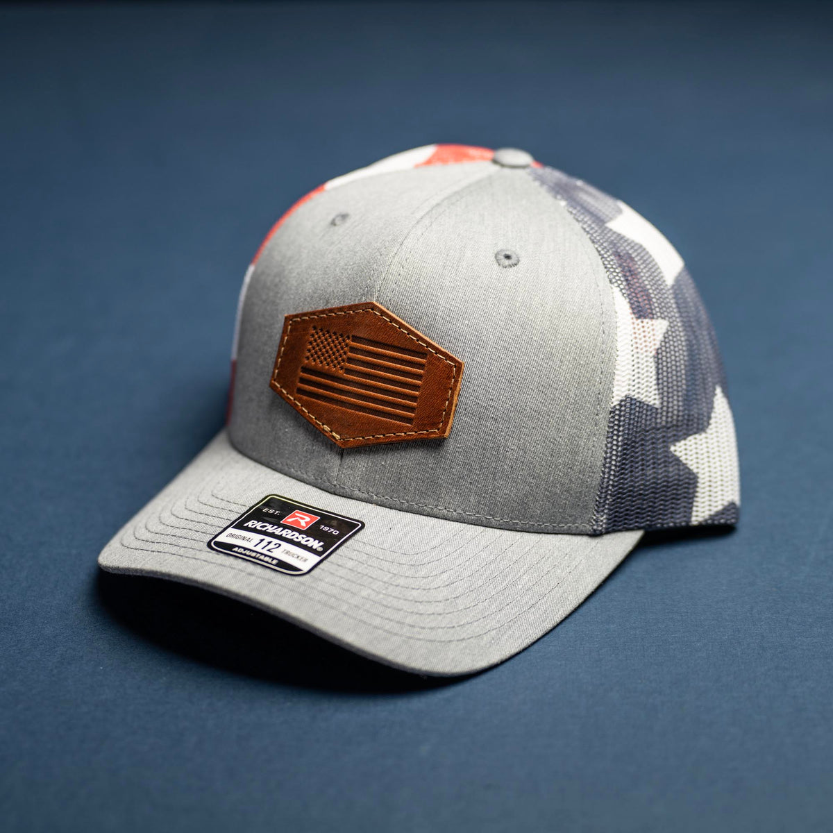 American Flag Debossed Patch - Richardson 112PM Custom Leather Patch Trucker Hat - Printed Mesh