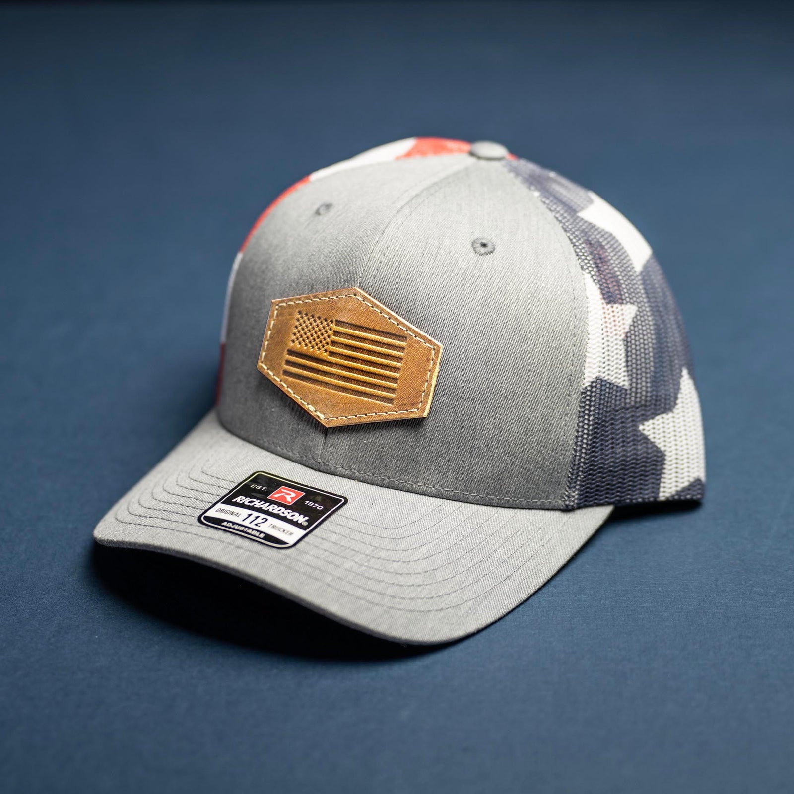 SALE - Lasered - Stars & Stripes Richardson 112PM Custom Leather Patch Trucker Hat Printed Mesh