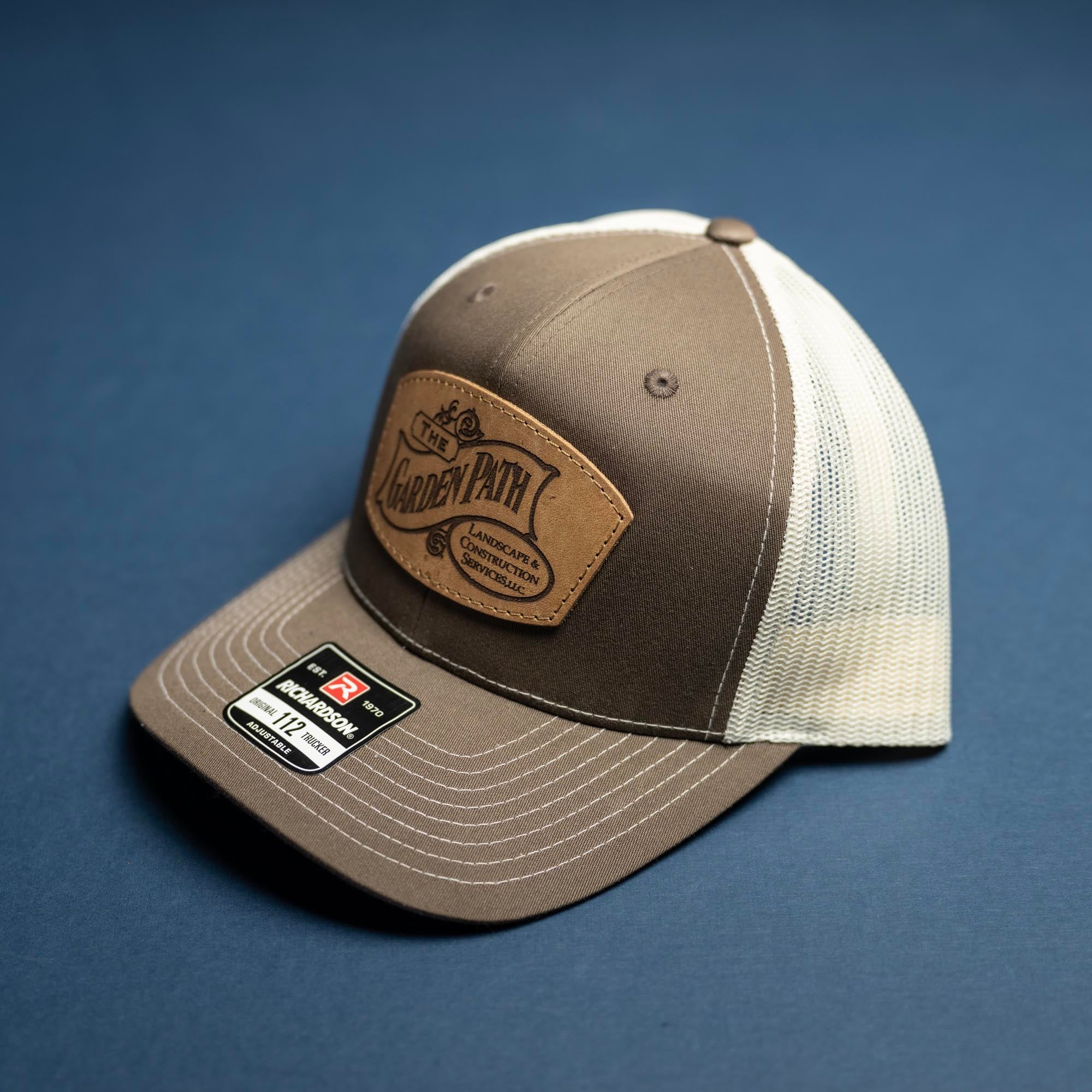 SALE - Lasered - Chocolate Chip/Birch Richardson 112 Custom Leather Patch Trucker Hat