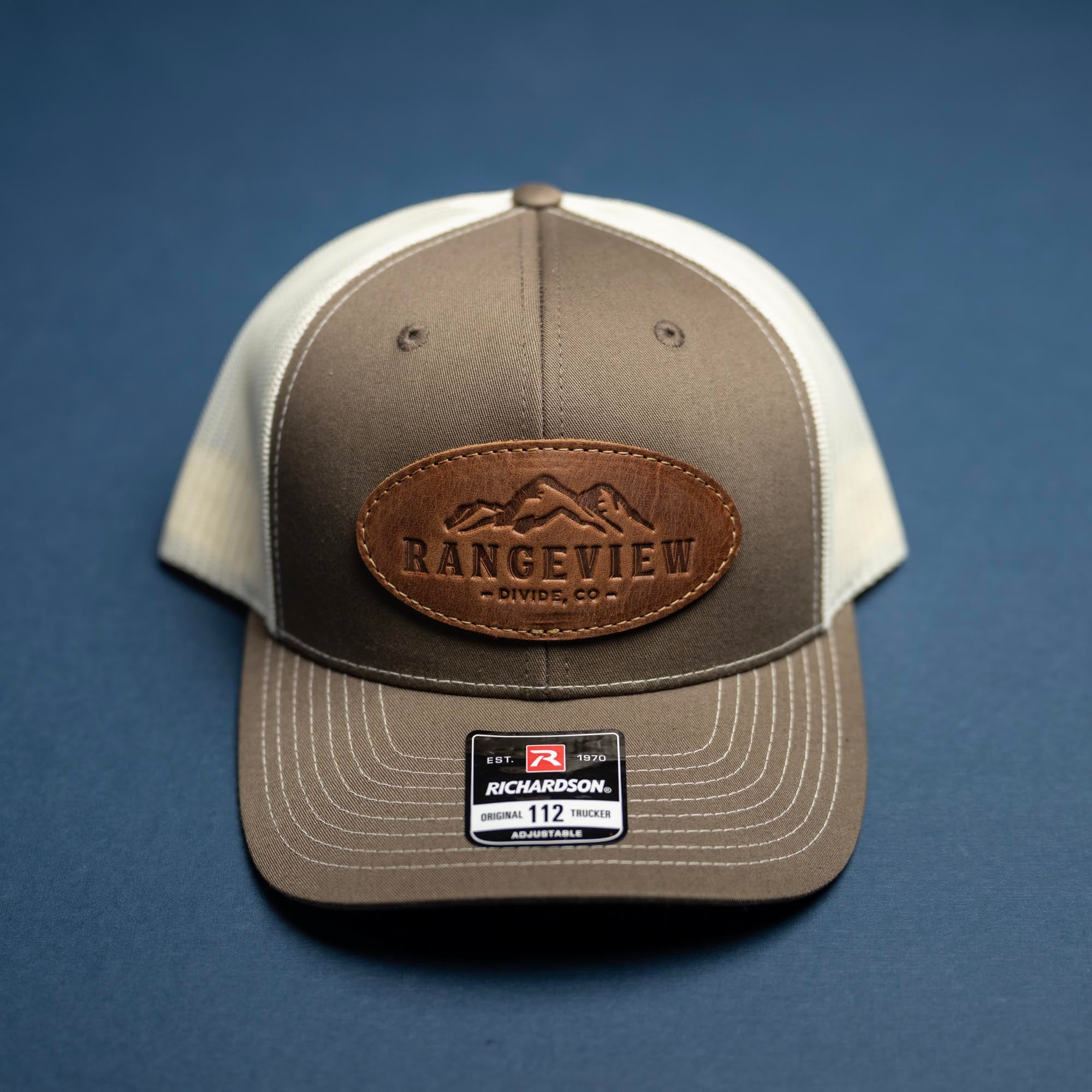SALE - Debossed Heat Pressed - Chocolate Chip/Birch Richardson 112 Custom Leather Patch Trucker Hat